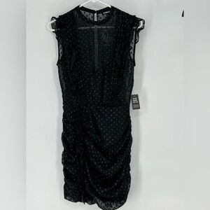 EXPRESS BLACK DRESSW/SHIMMERY‎ POLKA DOT, RUFFLES DOWN BODICE AND SLEEVES W/RUCH